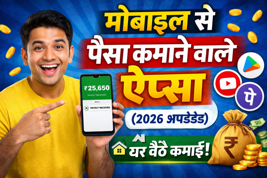 मोबाइल से पैसा कमाने वाले ऐप्स 2026 अपडेटेड – स्मार्टफोन से घर बैठे ऑनलाइन कमाई दिखाता हुआ थंबनेल