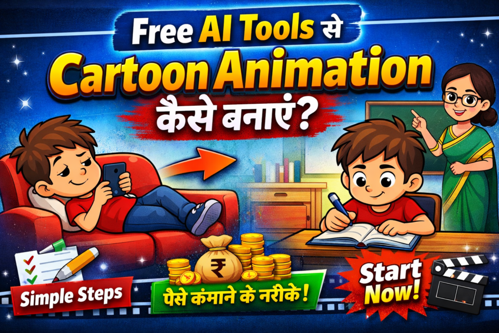 Free AI tools से cartoon animation बनाना सीखें, thumbnail में एक बच्चा मोबाइल से पढ़ाई की तरफ जाता हुआ और animation सीखने का concept दिखाया गया है।