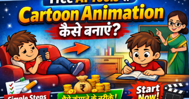 Free AI tools से cartoon animation बनाना सीखें, thumbnail में एक बच्चा मोबाइल से पढ़ाई की तरफ जाता हुआ और animation सीखने का concept दिखाया गया है।