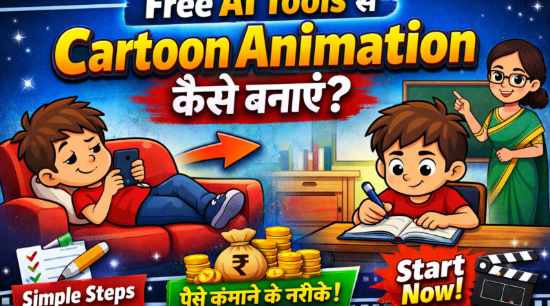 Free AI tools से cartoon animation बनाना सीखें, thumbnail में एक बच्चा मोबाइल से पढ़ाई की तरफ जाता हुआ और animation सीखने का concept दिखाया गया है।