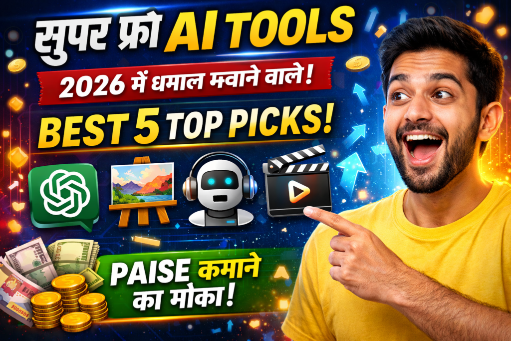 2026 ke best free AI tools ka thumbnail jisme ek excited ladka AI tools icons ki taraf point kar raha hai, background me futuristic design aur earning concept dikhaya gaya hai