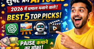 2026 ke best free AI tools ka thumbnail jisme ek excited ladka AI tools icons ki taraf point kar raha hai, background me futuristic design aur earning concept dikhaya gaya hai